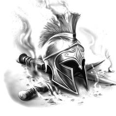 a black and white drawing of a spartan helmet with flames coming out of the side