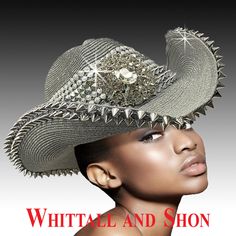 An edgy and fun cowboy hat for the fearless! The brim is edged with a double row of faux spike nailheads. The ornamentation is repeated in the band and accompanied with bands of silver toned chain link trim. A large oval crystal brooch finishes this daring look. The adjustable sweatband allows for different head sizes. Embellished Cowboy Hat, Country Hat, Stylish Womens Hats, Country Music Concert, Country Hats, Black Cowboys, Hat Western, Black Cowgirl, Cowboy Girl