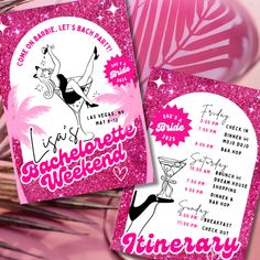 two pink bachelor bachelorette party cards on top of a table with forks and napkins