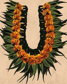 the letter u is made up of orange roses and palm fronds on a beige background