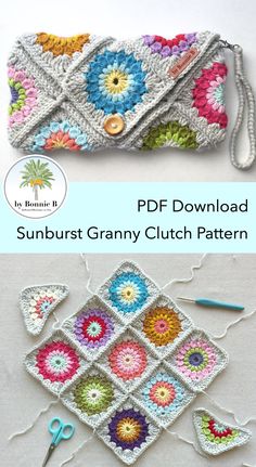 Pin shows two photos, one of a colourful crochet clutch, and the other of colourful granny squares laid out on a table about to be assembled. The title dividing the two photos shows the By Bonnie B logo, and reads "PDF Download Sunburst Granny Clutch Pattern". Granny Triangle, Crochet Small Bag, Crochet Terms, Square Envelopes, Granny Squares