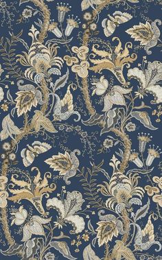 a blue and gold wallpaper with floral designs