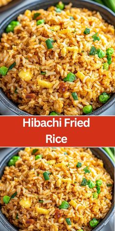 two pictures of different types of rice in pans with the words hibacchi fried rice