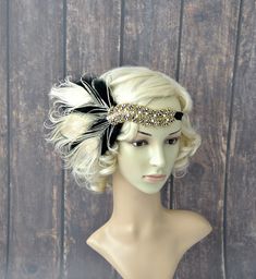 Peacock Headband inspired Great Gatsby, Art Deco Style. Please notice - Right now the applique will have more black and gold beads ! Made of stretch headband and set of black marabou feathers, three hand curled ivory peacock eyes with gold sparkling beaded rhinestone applique. Perfect for a Great Gatsby or a 1920's party ! Can be worn with feathers on the left or right side of head, the ribbon is elastic so it fits everybody's head ! Vintage inspired - stylish with modern look ! Some reviews: ♥T Peacock Headband, 1920's Party, Great Gatsby Headpiece, Gatsby Headpiece, Flapper Headpiece, Bridesmaid Headband, Feather Headband, Stretch Headband, Rhinestone Appliques