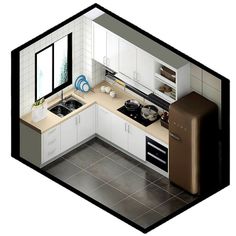 an aerial view of a kitchen with white cabinets and brown appliances on the counter top