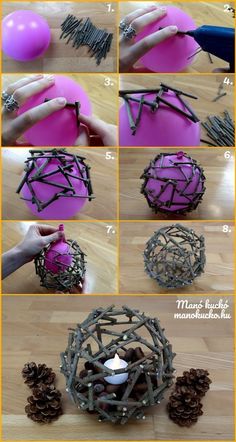 instructions to make a diy candle holder out of branches and pineconi balls