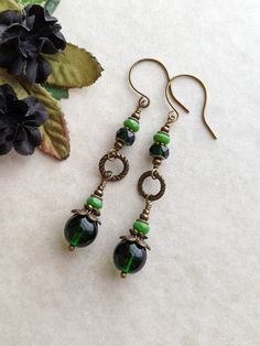 Dark Green Earrings, Victorian Style Earrings, Woodland Jewelry, Rustic Earrings, Boho Style Earrings, Vintage Style Earrings, Aquamarine Earrings, Yellow Earrings, Homemade Jewelry