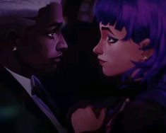 a man and woman are staring at each other in an animated scene with purple hair