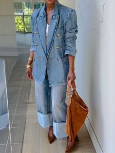 Loose Plain Lapel Collar Long Sleeve Urban Denim Coat All Denim Outfits, Look Jean, Jackets Denim, Denim Outfits, Cute Comfy Outfits, Casual Chic Style, Curvy Outfits, Fabulous Fashion