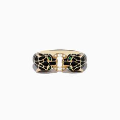 Signature 14K Yellow Gold Emerald and Diamond Black Enamel Panther Ring Luxury 14k Gold Jewelry With Black Enamel, Black Enamel Ring In Fine Jewelry Style, Black Luxury Enamel Jewelry, Black Enamel Ring Fine Jewelry, Luxury 14k Gold Black Enamel Ring, Gold Enamel Ring With Black Detailing Fine Jewelry, Gold Enamel Ring With Black Enamel Fine Jewelry, Luxury 14k Gold Ring With Black Enamel, Luxury 14k Gold Rings With Black Enamel