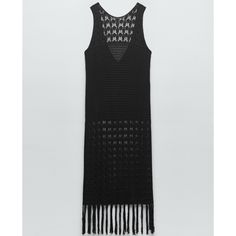 Crocheted Midi Dress. Sleeveless Design And Round Neckline. Back Neckline Detail. Fringe Trim. Black 7901/182 #Ht-M #Hi- S/L Chic Sleeveless Crochet Evening Dress, Black Sleeveless Crochet Beach Dress, Black Sleeveless Crochet Dress For Beach, Black Sleeveless Crochet Evening Dress, Sleeveless Crochet Dress For Spring Evenings, Chic Black Sleeveless Crochet Dress, Sleeveless Crochet Dress By Zara For Vacation, Zara Sleeveless Crochet Dress, Casual Black Sleeveless Crochet Dress