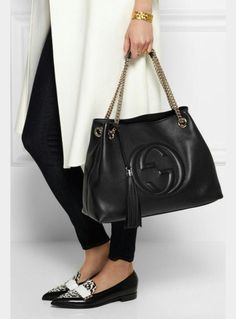 BAG LADY COLLECTION   Gucci   Gucci Soho Black Medium Double Chain Shoulder Handbag bag New leather Purse • Measurements: Length: 15" Width: 4.75" Height: 10.75" Shoulder strap drop: 10.5" ◦ Cotton linen lining.  ◦ Made in Italy. 536196 A7M0G. Style number ◦ Authentic. New w tags. Controllo card. matching wallets sold seperately ◦ a medium size soho shoulder bag with double chain shoulder straps  and an embossed interlocking g. made in our light, natural grain leather. ◦ Leather Natural cotton l Gucci Soho Bag, Gucci Messenger Bags, Gucci Soho, Gucci Tote Bag, Black Leather Satchel, Gucci Tote, Gucci Shoulder Bag, Black Leather Tote, Black Leather Handbags