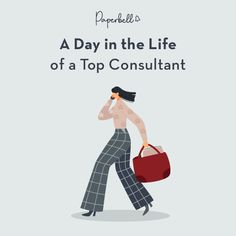 a woman walking with a red bag on her shoulder and the words, a day in the life of a top consultant