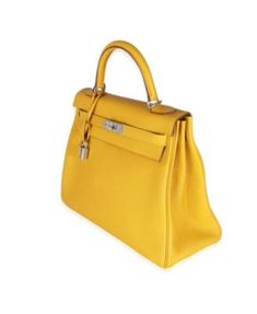 Pre-Owned Hermes Retourne Kelly 32 Leather Handbag Designer Yellow Office Bag, Luxury Yellow Satchel For Office, Luxury Yellow Satchel With Gold-tone Hardware, Formal Yellow Bags With Gold-tone Hardware, Luxury Yellow Satchel For Formal Occasions, Yellow Luxury Satchel For Formal Occasions, Luxury Yellow Formal Satchel, Kelly 32, Yellow Handbag