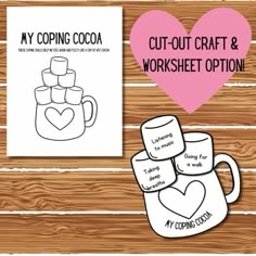 a coffee mug and some cards with the words cut out craft and worksheet options