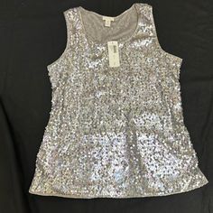 Plus Size Chico’s Silver Sequined Tank Top. Sequin Covered Front And Back. Light Gray Lining Inside.#52482 Silver Fitted Tank Top For Party Season, Glamorous Silver Tank Top For Night Out, Silver Stretch Tank Top For Summer, Sequined Silver Tank Top For Night Out, Silver Sequined Tank Top, Back Light, Sequin Tank Tops, Light Gray, Light Grey