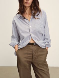 Relaxed button-down shirt in 3.7 oz. cotton plainweave. | Buck Mason Women's Blue/ White Hampton Stripe Mainstay Shirt in Blue White Hampton Stripe, Size 2XL | Cotton Classic Blue Blouse For Daywear, Classic Cotton Shirt For Daywear, Blue Spread Collar Shirt For Daywear, Classic Shirt With Relaxed Fit For Daywear, Classic Relaxed Fit Shirt For Daywear, Cotton Shirt With Placket For Daywear, Classic Blue Blouse With Pockets, Cotton Shirt For Daywear, Classic Shirt With Pockets For Daywear