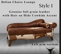 the leather chaise lounge is shown in brown and white colors, with cowhide accents