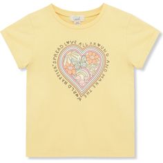 She'll love this easy 100% Cotton short sleeve tee, featuring positive verbiage and a floral-filled heart | Peek Kids | Spread Love T-Shirt, (Yellow, Size 3Y) | Maisonette collects the best children’s products from around the world (unlike Zulily, Etsy, The Tot, Farfetch Kids, Childrensalon, Crate and Kids, Kohls, Wayfair, Buy Buy Baby, Nordstroms, Mini Boden, J.Crew Factory, or PotteryBarn Kids), creating a curated shopping experience for you. Think of us as your shortcut to fashion for litte ones! Spring Short Sleeve Top With Heart Graphic, Cute Short Sleeve T-shirt With Heart Graphic, Cute T-shirt With Heart Graphic, Playful Cotton T-shirt With Heart Graphic, Playful Heart Print Summer Tops, Playful Short Sleeve Tops With Heart Print, Playful Heart Graphic Tops For Spring, Cute Yellow Relaxed Fit T-shirt, Cute Yellow Relaxed-fit T-shirt