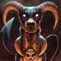 a painting of a dog with horns and a skull