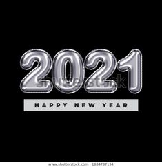 happy new year 2021 with chrome balloons in the shape of numbers on a black background