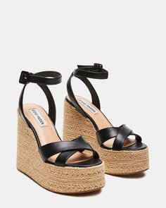 LULAH Black Leather Raffia Wedge | Women's Sandals – Steve Madden Sandals Steve Madden, Comfortable Wedges, Shoes Shopping, Leather Wear, Black Leather Shoes, Leather Shoes Woman, 5 Inch Heels, Ankle Straps, The Platform