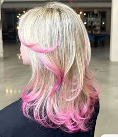 Blond With Pink Tips, Blonde Hair With Different Colors, Short Blonde Hair Pink Tips, Blond Hair Pink Tips, Pink Frosted Tips Hair, Platinum Hair With Pink Highlights, Blond And Colored Hair, Blonde With Fun Colors