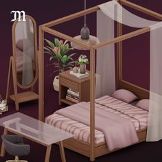 a bedroom with a bed, mirror and desk in it's centerpieces