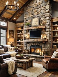 a living room filled with lots of furniture and a fire place in the middle of it