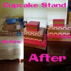 cake stand before and after being decorated with pink and gold polka dot paper on top