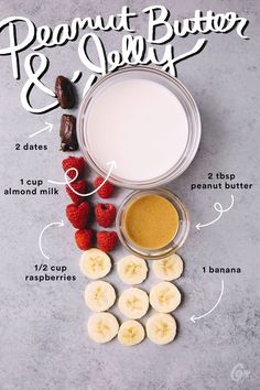 the ingredients to make peanut butter and banana smoothie on a gray background with white lettering