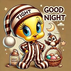 a cartoon character with an owl and bird in front of it, saying good night