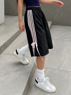 Women's High Waisted Elastic Side Striped Belted Wide Leg Shorts Black Casual   Woven Fabric Colorblock,Striped Track Shorts Slight Stretch  Women Clothing, size features are:Bust: ,Length: ,Sleeve Length: Wide Leg Shorts, Track Shorts, Shorts Casual, Elegant Dresses Long, Casual Stripes, Women Midi, Side Stripe, Kids Sleepwear, Shorts Black