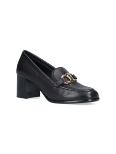 Ferragamo 'Gancini' black leather loafers with gold hardware, round toe, top 'Gancini' hardware, square leather heel, leather sole. Composition: 100% Calf Leather Luxury Formal Heels With Gold Buckle, Luxury Gold Buckle Heels For Formal Occasions, Designer Buckle Closure Loafers For Work, Designer Workwear Loafers With Buckle Closure, Luxury Loafers With Buckle Closure For Work, Chic Business Loafers With Buckle Closure, Leather Loafers With Horsebit Detail For Workwear, Formal Heels With Horsebit Detail And Block Heel, Leather Heels With Gold-tone Hardware For Office