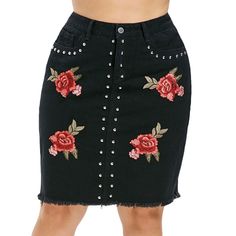 Plus Size Rivet Embellished Embroidery Denim Skirt - Black - 3J70423513 - Women's Clothing  #WomensClothing #Women's #Clothing Embroidery Denim, Spandex Dress, Fashion Plus Size, Trendy Plus Size Clothing, Hem Skirt, Plus Size Skirts, Knee Length Skirt, Trendy Plus Size, Embroidery Applique