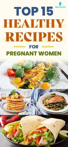 the cover of top 15 healthy recipes for pregnant women, including pancakes and salads