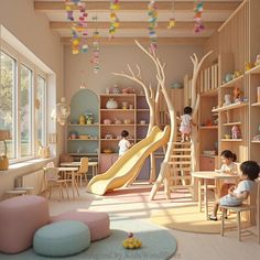 children's playroom with wooden furniture and colorful decorations on the walls, two children playing