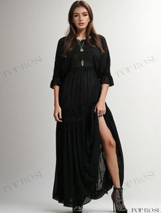 Poprose - Bohemian Chic Spring and Fall Dress with Embroidered Details Bohemian Black Maxi Dress With Floral Embroidery, Spring Bohemian Style Boho Dress In Black, Spring Bohemian Black Boho Dress, Black Bohemian Boho Dress For Spring, Black Bohemian Dress With Loose Fit, Black Flowy Bohemian Dress, Embroidered Black Maxi Dress For Festival, Black Embroidered Maxi Dress For Festival, Flowy Black Boho Dress