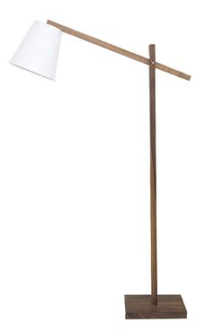 a wooden floor lamp with a white shade on the base and a square light fixture