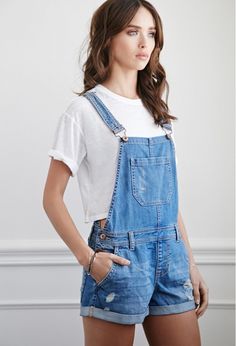 Forever21 Distressed Denim Overall Shorts Jumper Shorts Outfit, Denim Jumper Shorts, Shorts Outfit Ideas, Overalls Outfits, Jumper Shorts, Denim Overall Shorts, Jumpsuit Denim, Denim Overalls Shorts, Denim Jumper