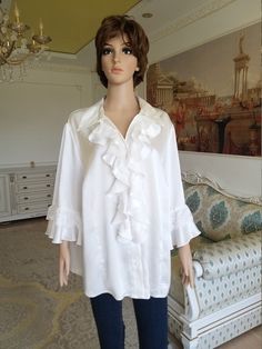 "Ruffle blouse ivory blouse ivory Ruffle shirt 3XL boho shirt womens shirt classic blouse pirate blouse poet shirt poet blouse evening blous Please refer to photos for details of condition. Condition: very good vintage Measurements : Length: 71 cm/28\" Sleeve : 43 cm/17\" Shoulder to shoulder: 47 cm/18.5\" Bust: 140 cm/55\" Waist 140 cm/55\" Tag Size: D/NL -52 F/B-54 GB26R I-58 note The color on the pictures may vary due to monitor settings and light reflections. Ready to ship Please do not hesi White Non-stretch Blouse With Lace Trim, White Lace Trim Blouse, Non-stretch Long Sleeve Summer Blouse, Formal Long Sleeve Blouse With Lace Trim, Fitted Blouse With Lace Trim For Workwear, Chic Lace Trim Tops, Feminine Long Sleeve Tops For Wedding, Elegant Spring Wedding Blouse, Spring Long Sleeve Shirt With Lace Trim