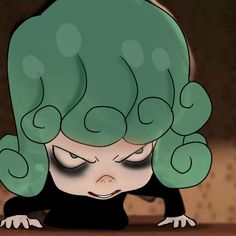 an animated image of a woman with green hair looking down at the ground and her eyes are closed