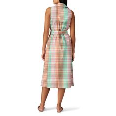 Multicolor plaid printed cotton (100% Cotton). Hourglass. Sleeveless. Shirt collar neckline. Attached belt. Exposed front button down placket. 49" from shoulder to hemline. Imported. Sleeveless Plaid Dress For Daywear, Collared Gingham Dresses, Spring Plaid Collared Dress, Plaid Cotton Collared Shirt Dress, Spring Collared Plaid Dress, Plaid Collared Cotton Shirt Dress, Plaid Shirt Dress For Work In Summer, Summer Plaid Shirt Dress For Daywear, Multicolor Shirt Dress For Summer Workwear