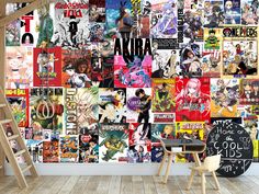 a wall covered in anime comics and posters next to a chair with a ladder on it