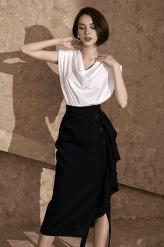 Sue Side Ruffle Skirt MEAN BLVD Side Ruffle Skirt, Classy Office Outfit, Low Waist Pants, Below The Knee Skirt, Long Skirt Outfits, Mean Blvd, Office Outfits Women, Knee Skirts, Cowl Neck Top