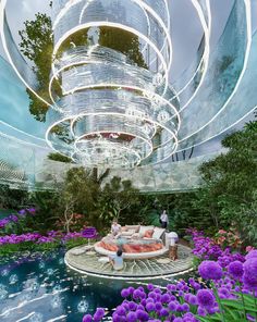 an artist's rendering of a living room in the middle of flowers and trees