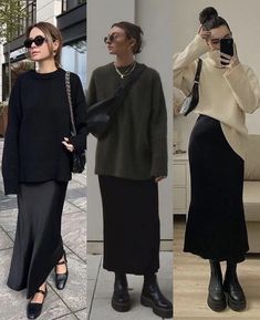 Looking for outfit ideas for fall 2023? I'm sharing my favorite fall outfits and style trends that are going to be huge this year! Women's fashion #ootd #style Layered Silk Dress Outfit, Skirt Fall 2023, Black Velvet Skirt Outfit Fall, Winter Bridal Luncheon Outfit, Fall Minimalist Outfit 2023, Sweaters Over Collared Shirts, Maxi Velvet Skirt Outfit, Plus Size Minimalist Outfits Winter, Long Black Skirt With Sweater