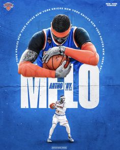 a man holding a basketball in front of a blue background with the word melo on it