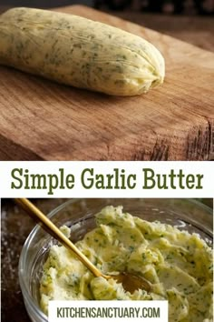 simple garlic butter in a glass bowl with a wooden spoon on the side and an image of a pickle next to it