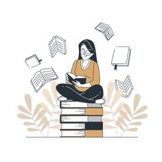 a woman sitting on top of a pile of books